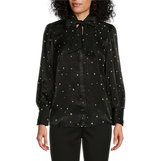 Hot Sale ๐งจ Investments Petite Size Twilight Night Long Sleeve Tie Y-Neck Button Front Top ๐ 1 Hot Sale ๐งจ Investments Petite Size Twilight Night Long Sleeve Tie Y-Neck Button Front Top ๐