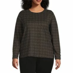 Outlet 👍 Investments Plus Size Subtle Squares Print Crew Neck Long Button Sleeve Knit Top 👏