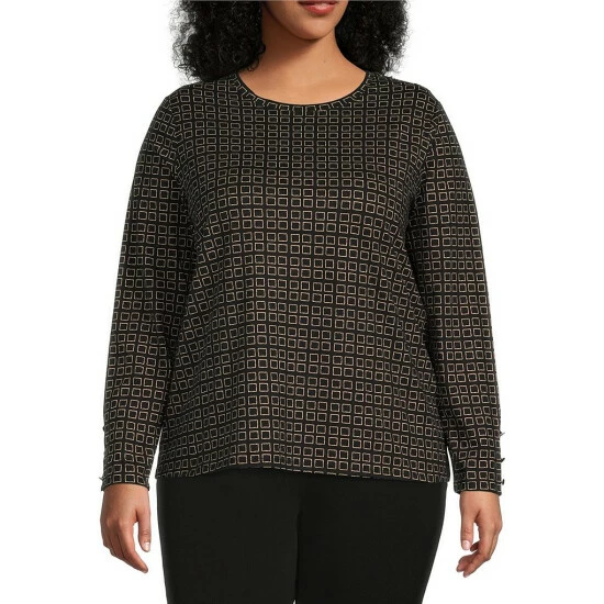 Outlet 👍 Investments Plus Size Subtle Squares Print Crew Neck Long Button Sleeve Knit Top 👏 1 Outlet 👍 Investments Plus Size Subtle Squares Print Crew Neck Long Button Sleeve Knit Top 👏