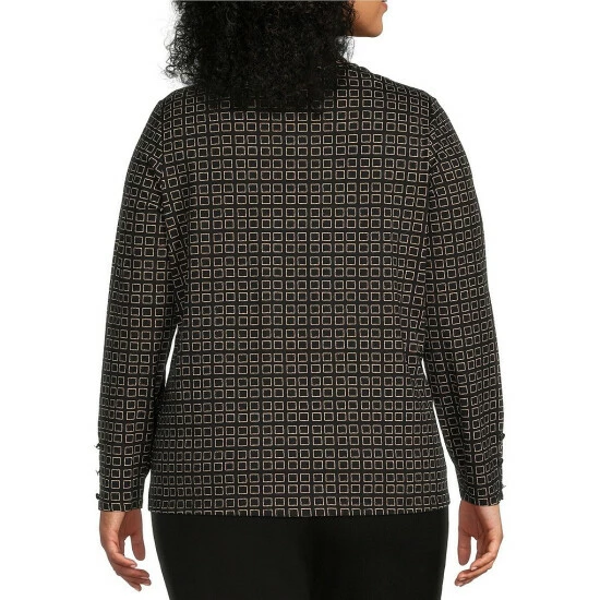 Outlet 👍 Investments Plus Size Subtle Squares Print Crew Neck Long Button Sleeve Knit Top 👏 2 Outlet 👍 Investments Plus Size Subtle Squares Print Crew Neck Long Button Sleeve Knit Top 👏 - Image 2