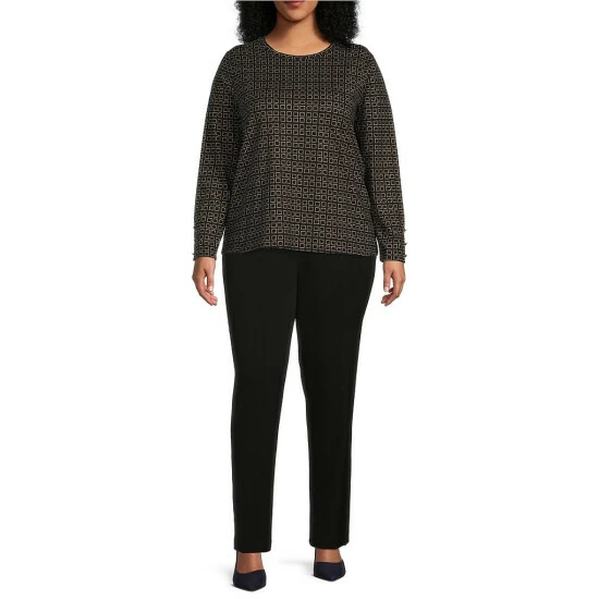 Outlet 👍 Investments Plus Size Subtle Squares Print Crew Neck Long Button Sleeve Knit Top 👏 3 Outlet 👍 Investments Plus Size Subtle Squares Print Crew Neck Long Button Sleeve Knit Top 👏 - Image 3