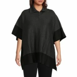 Buy 🤩 Investments Plus Size Zip Point Collar Elbow Sleeve Charcoal Black Border Sweater Poncho 🧨