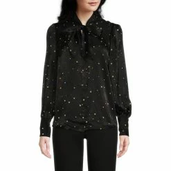 Coupon ⭐ Investments Twilight Night Long Sleeve Tie Y-Neck Button Front Top 🤩