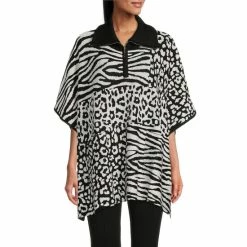 Coupon 😀 Investments Zip Point Collar Elbow Sleeve Animal Block Sweater Poncho 🎁