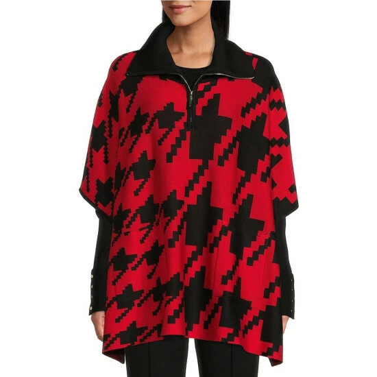 New ⭐ Investments Petite Size Houndstooth Print Zip Point Collar Elbow Sleeve Sweater Poncho Black Red Houndstooth ❤️ 1 New ⭐ Investments Petite Size Houndstooth Print Zip Point Collar Elbow Sleeve Sweater Poncho Black Red Houndstooth ❤️
