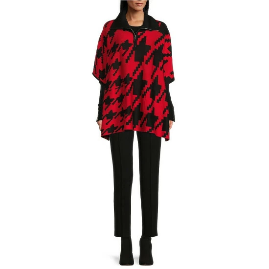 New ⭐ Investments Petite Size Houndstooth Print Zip Point Collar Elbow Sleeve Sweater Poncho Black Red Houndstooth ❤️ 3 New ⭐ Investments Petite Size Houndstooth Print Zip Point Collar Elbow Sleeve Sweater Poncho Black Red Houndstooth ❤️ - Image 3