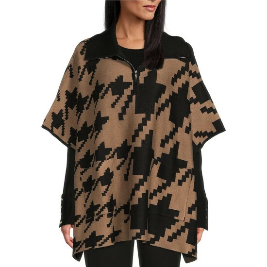 New ⭐ Investments Petite Size Houndstooth Print Zip Point Collar Elbow Sleeve Sweater Poncho Black Red Houndstooth ❤️ 4 New ⭐ Investments Petite Size Houndstooth Print Zip Point Collar Elbow Sleeve Sweater Poncho Black Red Houndstooth ❤️ - Image 4