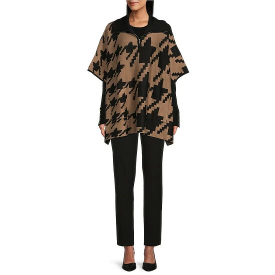 New ⭐ Investments Petite Size Houndstooth Print Zip Point Collar Elbow Sleeve Sweater Poncho Black Red Houndstooth ❤️ 6 New ⭐ Investments Petite Size Houndstooth Print Zip Point Collar Elbow Sleeve Sweater Poncho Black Red Houndstooth ❤️ - Image 6