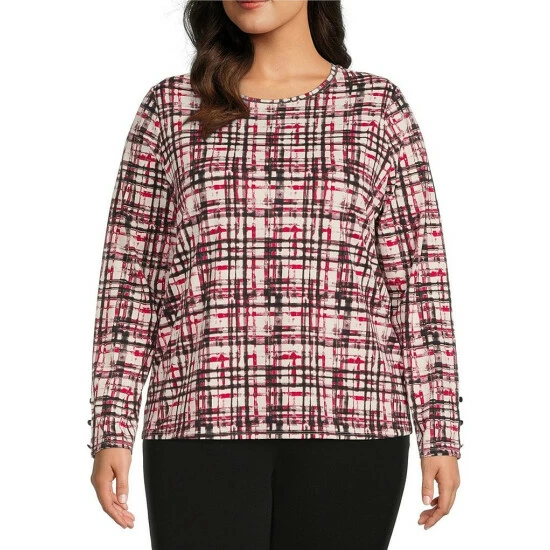 Promo ✨ Investments Plus Size Plaid Print Impression Crew Neck Long Button Sleeve Knit Top Plaid Impression ⭐ 1 Promo ✨ Investments Plus Size Plaid Print Impression Crew Neck Long Button Sleeve Knit Top Plaid Impression ⭐