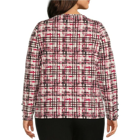 Promo ✨ Investments Plus Size Plaid Print Impression Crew Neck Long Button Sleeve Knit Top Plaid Impression ⭐ 2 Promo ✨ Investments Plus Size Plaid Print Impression Crew Neck Long Button Sleeve Knit Top Plaid Impression ⭐ - Image 2