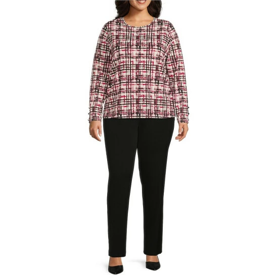 Promo ✨ Investments Plus Size Plaid Print Impression Crew Neck Long Button Sleeve Knit Top Plaid Impression ⭐ 3 Promo ✨ Investments Plus Size Plaid Print Impression Crew Neck Long Button Sleeve Knit Top Plaid Impression ⭐ - Image 3