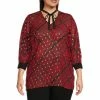 Discount ⌛ Slim Factor By Investments Plus Size Red Plaid Print 3/4 Sleeve Tie Neck Blouse Red Black Plaid 😀