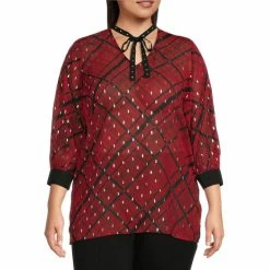 Discount ⌛ Slim Factor By Investments Plus Size Red Plaid Print 3/4 Sleeve Tie Neck Blouse Red Black Plaid 😀
