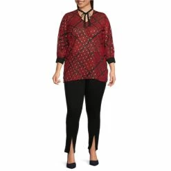 Discount ⌛ Slim Factor By Investments Plus Size Red Plaid Print 3/4 Sleeve Tie Neck Blouse Red Black Plaid 😀 -Investments Shop unnamed file 1055