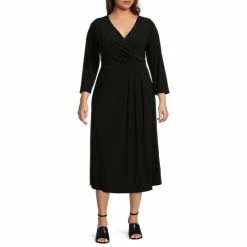 Wholesale 🧨 Investments Plus Size Soft Separates V-Neck 3/4 Sleeve Faux Wrap Midi 👗 Dress Black 😉