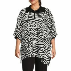 Best deal 😀 Investments Plus Size Animal Block Print Zip Point Collar Elbow Sleeve Sweater Poncho 🧨