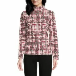 Top 10 🌟 Investments Petite Size Knit Plaid Print Impression Long Sleeve Mock Neck Top Plaid Impression ✔️