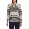 Promo 👍 Investments Petite Size Woven Ribbon Striped Long Sleeve Button Front Notch Collar Top ❤️