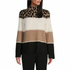 Best Sale 🎉 Investments Animal Print Long Sleeve Funnel Mock Neck Sweater Olive Animal Block 🛒