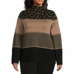 Investments Shop 25 Best reviews of 🧨 Investments Plus Size Animal Block Print Long Sleeve Funnel Mock Neck Sweater Neutral Animal Block ❤️