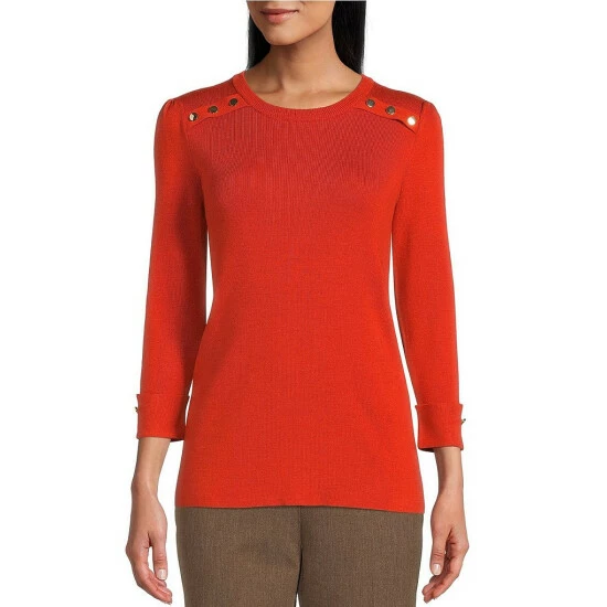 Cheap 🎉 Investments Crew Neck 3/4 Sleeve Button Shoulder Detailed Top Burnt Ochre ❤️ 9 Cheap 🎉 Investments Crew Neck 3/4 Sleeve Button Shoulder Detailed Top Burnt Ochre ❤️ - Image 9