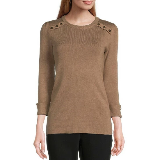 Cheap 🎉 Investments Crew Neck 3/4 Sleeve Button Shoulder Detailed Top Burnt Ochre ❤️ 11 Cheap 🎉 Investments Crew Neck 3/4 Sleeve Button Shoulder Detailed Top Burnt Ochre ❤️ - Image 11