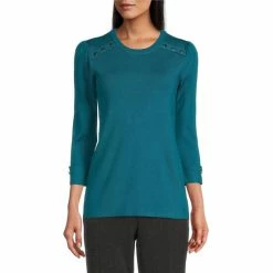 Budget ⌛ Investments Petite Size Crew Neck 3/4 Sleeve Button Detailed Top Avocado 🌟