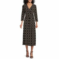 Buy 🎉 Investments Soft Separates Surplice V-Neck 3/4 Sleeve Hexagon Geo Print Faux Wrap Midi 👗 Dress 🎉