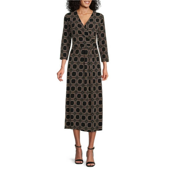 Buy ๐ Investments Soft Separates Surplice V-Neck 3/4 Sleeve Hexagon Geo Print Faux Wrap Midi ๐ Dress ๐ 1 Buy ๐ Investments Soft Separates Surplice V-Neck 3/4 Sleeve Hexagon Geo Print Faux Wrap Midi ๐ Dress ๐