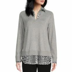 Promo 😀 Investments Animal Print Long Sleeve V-Neck Layered Twofer Top Grey Heather 🛒