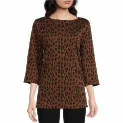 Coupon 🌟 Slim Factor By Investments Leopard Print Round Neck Side Slit Hem 3/4 Sleeve Top Friar Brown 👍