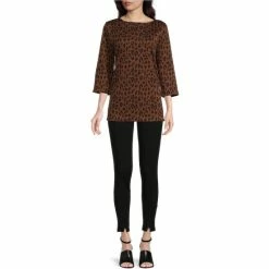 Coupon 🌟 Slim Factor By Investments Leopard Print Round Neck Side Slit Hem 3/4 Sleeve Top Friar Brown 👍 -Investments Shop unnamed file 1188