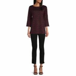 Coupon 🌟 Slim Factor By Investments Leopard Print Round Neck Side Slit Hem 3/4 Sleeve Top Friar Brown 👍 -Investments Shop unnamed file 1191