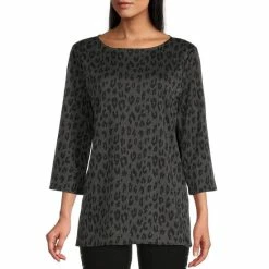 Coupon 🌟 Slim Factor By Investments Leopard Print Round Neck Side Slit Hem 3/4 Sleeve Top Friar Brown 👍 -Investments Shop unnamed file 1192