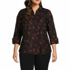 Brand new ⌛ Investments Plus Size Poppy Floral Print Taylor Gold Label Non-Iron Point Collar 3/4 Sleeve Hidden Button Front 👚 Shirt 😀
