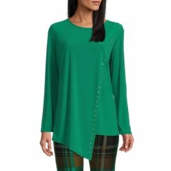 Outlet ⭐ Slim Factor By Investments Jewel Neck Gold Embellished Asymmetric Blouse Lush Meadow 🌟