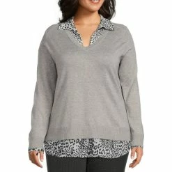 Brand new 😀 Investments Plus Size Animal Print Long Sleeve V-Neck Two-Fer Top Grey Heather 🥰