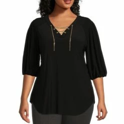 Brand new 🔔 Slim Factor By Investments Plus Size 3/4 Puff Sleeve Chain Detail Lace-Up V-Neck Blouse Black 🎁