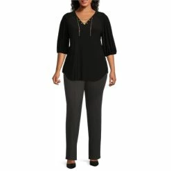 Brand new 🔔 Slim Factor By Investments Plus Size 3/4 Puff Sleeve Chain Detail Lace-Up V-Neck Blouse Black 🎁 -Investments Shop unnamed file 1224