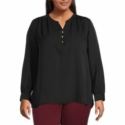 Best Pirce 🛒 Investments Plus Size Woven Long Sleeve Y-Neck Top Hot Spot 😉