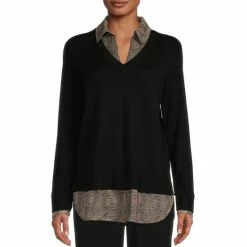 Best deal 🤩 Investments Cheetah Print Long Sleeve V-Neck Layered Twofer Top Black 🔔