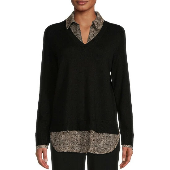 Best deal ๐คฉ Investments Cheetah Print Long Sleeve V-Neck Layered Twofer Top Black ๐ 1 Best deal ๐คฉ Investments Cheetah Print Long Sleeve V-Neck Layered Twofer Top Black ๐
