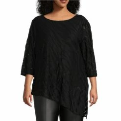 Top 10 🔥 Slim Factor By Investments Plus Size 3/4 Sleeve Zebra Mesh Round Neck Asymmetrical Hem Tunic Black 🤩