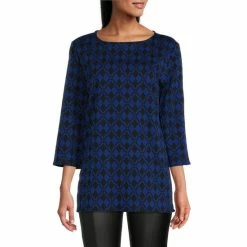 Best deal 🎁 Slim Factor By Investments Geometric Print Crew Neck 3/4 Sleeve Top Black/white 😉