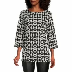 Best deal 🎁 Slim Factor By Investments Geometric Print Crew Neck 3/4 Sleeve Top Black/white 😉 -Investments Shop unnamed file 1271