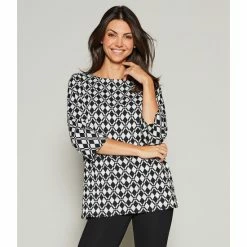 Best deal 🎁 Slim Factor By Investments Geometric Print Crew Neck 3/4 Sleeve Top Black/white 😉 -Investments Shop unnamed file 1274