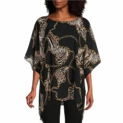 Cheap 🔔 Slim Factor By Investments Scattered Chain Print Round Neck 3/4 Sleeve Poncho Top Scattered Chains 🎁