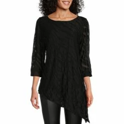 Cheapest ⭐ Slim Factor By Investments 3/4 Sleeve Zebra Print Mesh Crew Neck Asymmetrical Hem Tunic Black 🤩