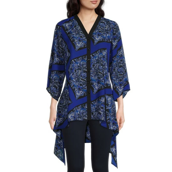 Discount โ๏ธ Slim Factor By Investments Printed V-Neck 3/4 Sleeve High-Low Hem Button Front ๐ Shirt Kaleidoscope ๐งจ 1 Discount โ๏ธ Slim Factor By Investments Printed V-Neck 3/4 Sleeve High-Low Hem Button Front ๐ Shirt Kaleidoscope ๐งจ