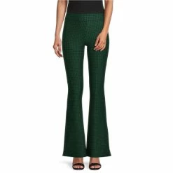 Hot Sale 😉 Slim Factor By Investments Check Print Ponte Knit Flare Leg Flat Front Pants Green Check 💯